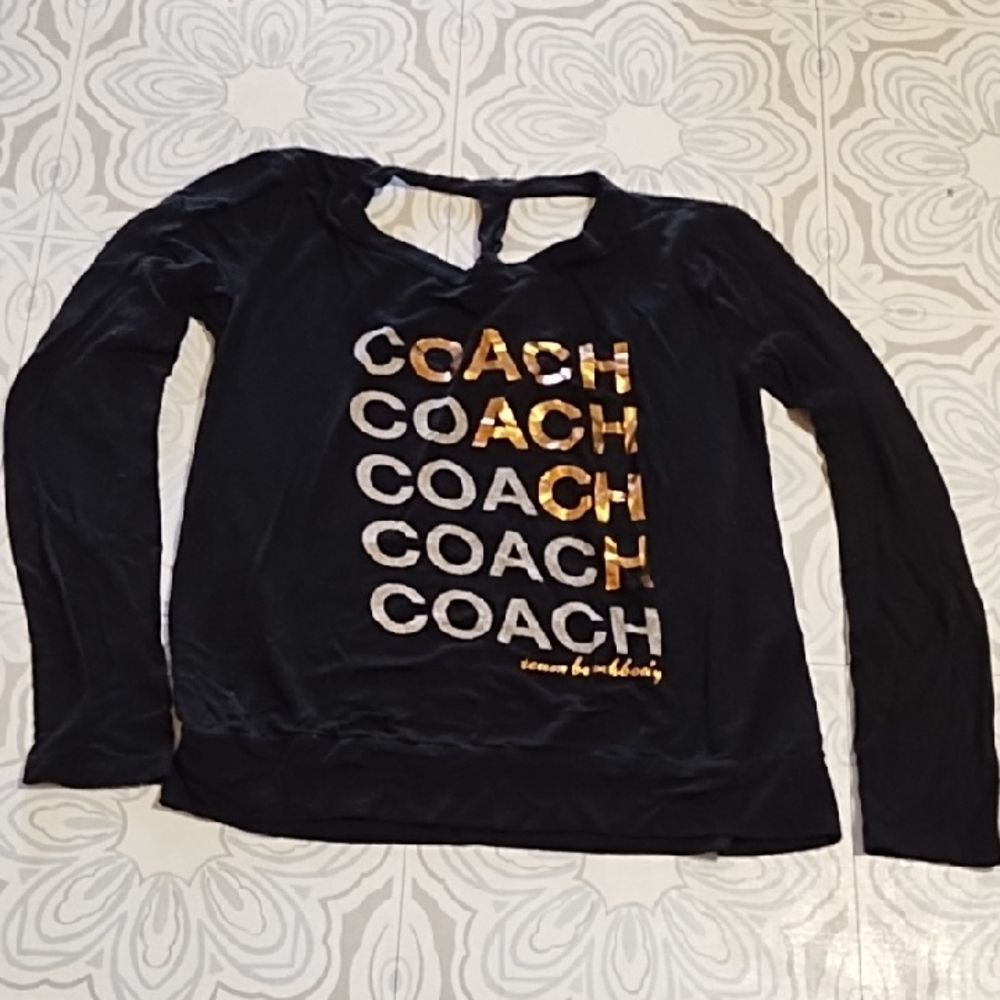 BEACH BODY Coach Black Long Sleeve Shirt with Gold and Silver Accents sz Med b78